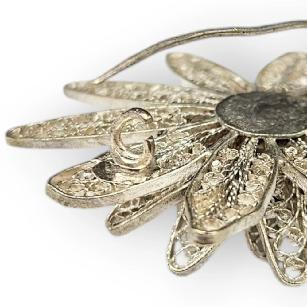 Spun Silver Filigree Flower Brooch Vintage Delicate Layered Petal Broach 1.75" - Picture 6 of 7